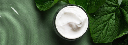 Jar of cosmetic cream and green plant leaves on dark green water background, banner, copy space. Moisturizing organic plant based beauty cream. Hydrating natural skin care and spa concept.の写真素材