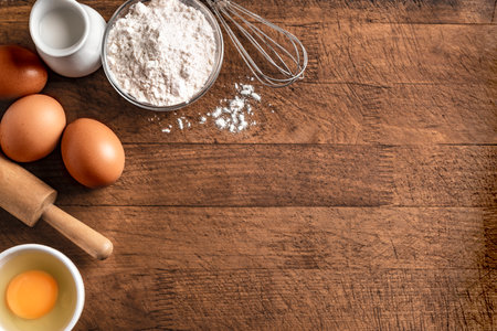 Wheat flour, eggs, rolling pin and whiskey on wooden background, top view, copy space. Ingredients for bakery, baking or cooking concept.の写真素材