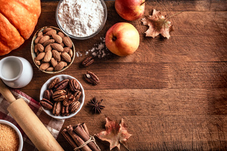 Autumn fall baking background with pumpkins, apples, nuts, food ingredients and seasonal spices on wooden table, copy space. Cooking pumpkin or apple pie for Thanksgiving and autumn holidays.の写真素材