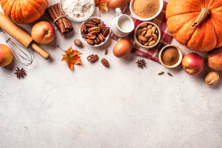 Autumn fall baking background with pumpkins, apples, nuts, food ingredients and seasonal spices on white, top view, copy space. Cooking pumpkin or apple pie for Thanksgiving and autumn holidays.の写真素材