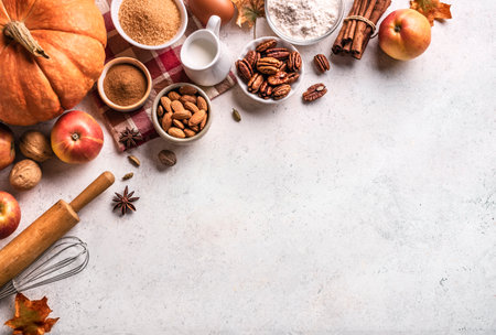 Autumn fall baking background with pumpkins, apples, nuts, food ingredients and seasonal spices on white, top view, copy space. Cooking pumpkin or apple pie for Thanksgiving and autumn holidays.の写真素材