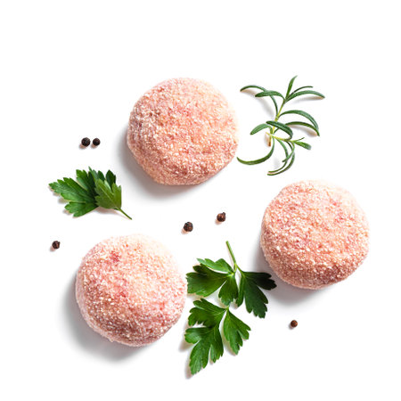 Raw cutlets or meatballs, parsley leaves, rosemary and peppercorns isolated on white background, close up. Chicken meat cutlet.の写真素材