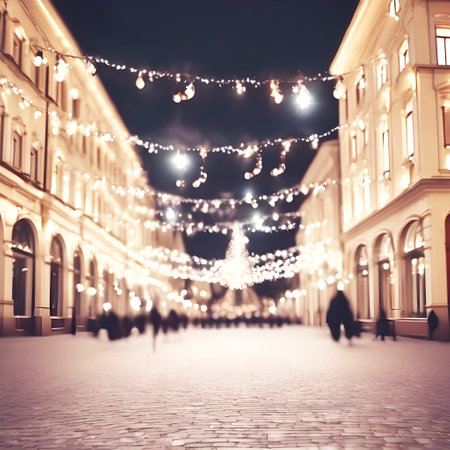 Christmas evening snowy street background with golden lights glowing. Festive city decor defocused. Christmas blurred holiday concept, copy space.の素材