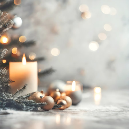 Christmas concept with burning candle and golden balls and blurred light for Christmas tree. Holiday Christmas composition, selective focus.の素材