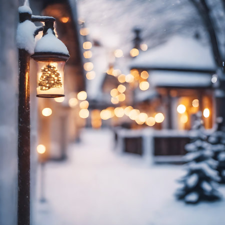 Christmas evening snowy street background with golden lights glowing. Festive snow cozy village defocused. Christmas blurred holiday concept, copy space.の素材
