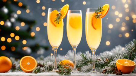 Christmas Mimosa Cocktail for winter party. Festive champagne drink with citrus and rosemary, Christmas decor and bokeh lights, copy space.の素材