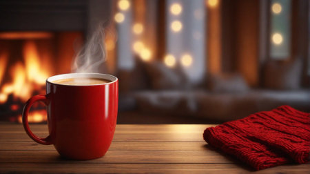 Red mug of hot drink and wool scarf on wooden table in front of fireplace. Hygge and cozy home concept.の素材