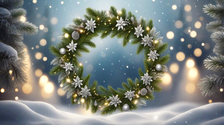 Christmas Wreath composition with silver ornaments and fir tree branches, snow forest as background, copy space.の素材