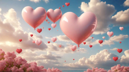 Valentine's day background with pink hearts and soft clouds. Sweet love in paradise, honemoon concept, dreamy romantic landscape with hearts.の素材