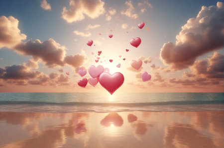 Valentine's day background with pink hearts and soft clouds. Sweet love in paradise, honemoon concept, dreamy romantic landscape with hearts.の素材