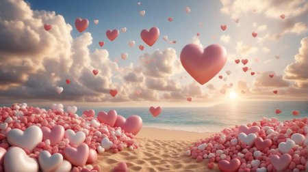 Valentine's day background with pink hearts and soft clouds. Sweet love in paradise, honemoon concept, dreamy romantic landscape with hearts.の素材