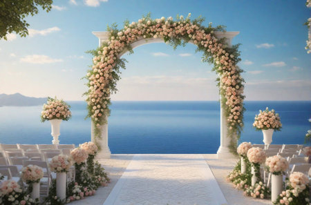 Romantic wedding arch decorated with pink and white rose flowers, fabiolus scene at beautiful seascape, love concept, copy space.の素材
