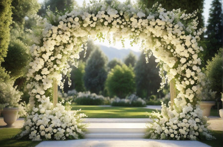 Romantic wedding arch decorated with white rose flowers, fabiolus scene in beautiful garden, love concept, copy space.の素材