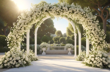 Romantic wedding arch decorated with white rose flowers, fabiolus scene in beautiful garden, love concept, copy space.の素材
