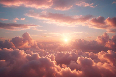 Beautiful pink clouds in the sky at sunset. Dreamy romantic cloudscape, paradise heaven and love concept.の素材