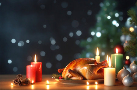 Christmas turkey. Traditional festive food for Christmas. Christmas dinner table with candles and roasted chicken, copy space.の素材