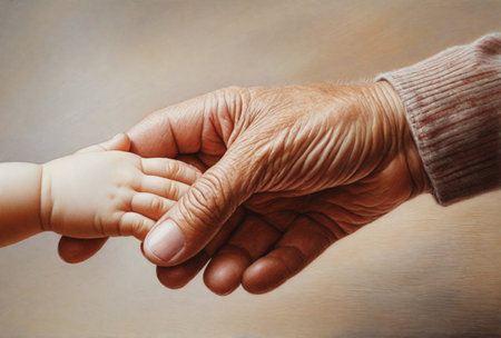 Senior man holding hand of baby, close up. Old person and child holding hands. Family, togetherness and generation connection concept.の素材