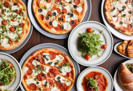 Delicious Italian pizzas served on wooden table, top view. Pizza party dinner. Delivery pizza.の素材