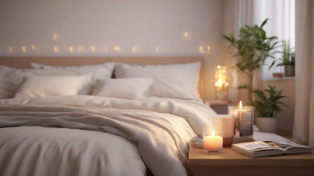 Light bedroom cozy interior with burning candles and potted plants. Hygge, relax and healthy rest concept. Home interior.の素材