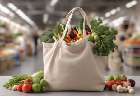 Healthy food. Organic fruits, vegetables, vegan vegetarian raw food ingredients in textile bag on blurred eco market background. Delivery or grocery supermarket and clean vegan eating concept.の素材