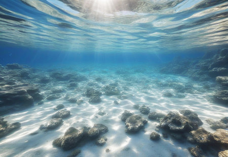 Underwater Sea Scene. Blue ocean abyss with sunlight, copy space. Diving, snorkeling concept background.の素材