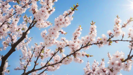 Blooming almond trees. Spring almond or cherry tree blossom, blue sky as background, copy space. Tu-Bishvat concept.の素材