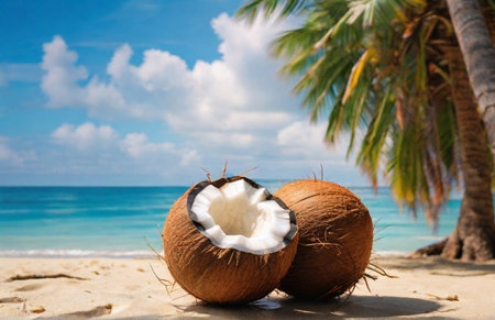 Opened coconut on sandy beach of tropical island, copy space. Idyllic paradise exotic resort.の素材