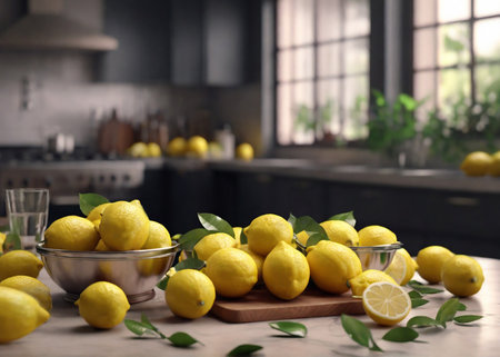 Lemons whole and cut on wooden kitchen table. Fresh lemons with leaves, healthy cooking ingredient, copy space.の素材