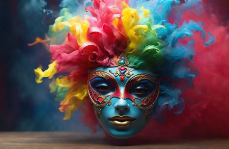 Venetian mask with feathers and smoke, celebration and carnaval concept. Purim holiday festival.の素材