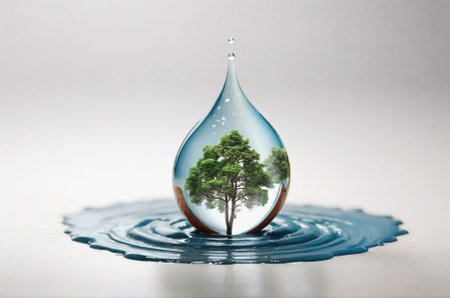 Forest tree inside big waterdrop isolated on white background. Inviromental protection, green energy, clean water and eco lifestyle concept.の素材