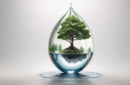 Forest tree inside big waterdrop isolated on white background. Inviromental protection, green energy, clean water and eco lifestyle concept.の素材