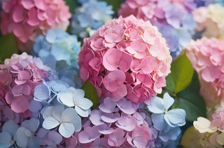 Hydrangea flowers background. Pastel colors delicate blooming large leaved hydrangea flowers composition.の素材