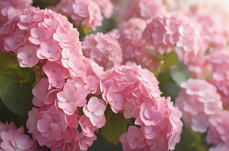 Pink Hydrangea Flowers background. Delicate blooming large leaved hydrangea flowers on bush close up.の素材