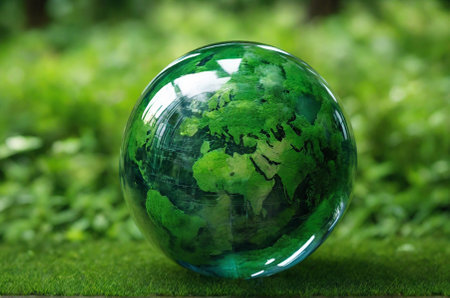 Transparent earth globe on green grass background. Environmental protection, eco lifestyle, clean industry concept.の素材