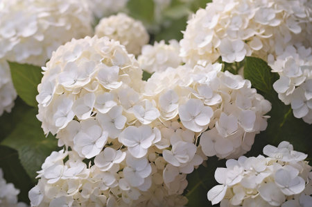 White Hydrangea Flowers background. Delicate blooming large leaved hydrangea flowers on bush close up.の素材