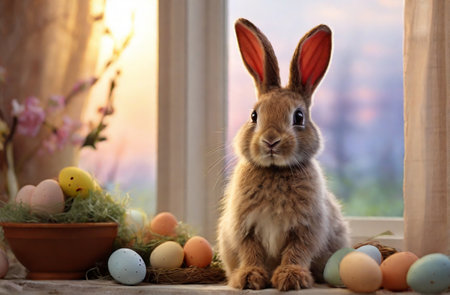 Easter bunny and Easter eggs in small basket indoor, copy space. Traditional Easter greeting card.の素材