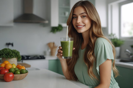 Beautiful smiling young woman drinking green smoothie in kitchen. Morning beauty routine. Daily healthy eating, vegan raw meal.の素材