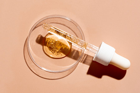 Dropper pipette and petri dish with drops of oil or retinol gel on beige nude background. Cosmetic laboratory research. Concept beauty hair, skin care and wellness.の写真素材