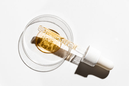 Glass dropper with pouring liquid retinol serum in petri dish. Hard shadows on white background....