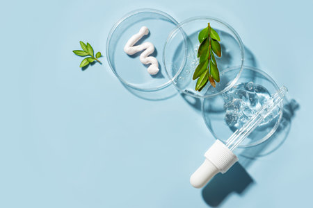 Natural skin care products swatches in petri dish with dropper and green plants on blue background. Trendy composition of beauty product with hard shadows, organic plant based skin care concept.の写真素材