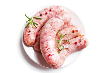 Raw sausages with spices and rosemary ready to grill isolated on white background. Cooking ingredients. Natural healthy food concept, top view.の写真素材