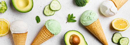 Green avocado coconut ice cream scoops in waffle cones, top view, banner. Trendy vegan ice cream with green vegetables.の写真素材