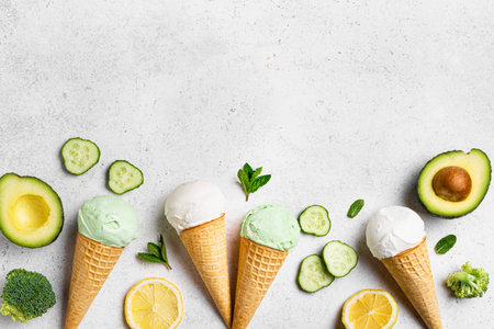 Green avocado coconut ice cream scoops in waffle cones on white background, top view, copy space....