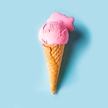 Pink ice cream melting and spilling in waffle cone on pastel blue background. Minimal trendy creative summer food concept. Melted scoop of strawberry icecream, copy space.の写真素材
