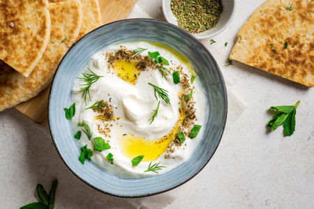 Labneh yogurt cream cheese with olive oil, herbs and zaatar close up. Traditional Arabian or middle eastern homemade labneh dip with pita bread for breakfast. Arabic Cuisine.の写真素材