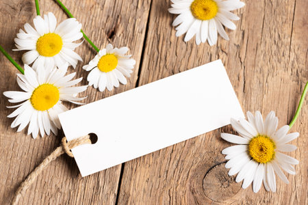 Chamomile flowers with empty white paper tag or label for your text on wooden background, top view. Mothers Day, Birthday, Womens Day greeting card template.の写真素材