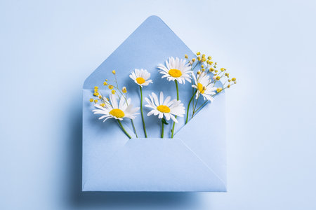 Spring chamomile flowers in blue envelope on pastel blue background, copy space. Minimal spring flatlay. Thank you, Happy Birthday, Mother's day, Father's day conceptの写真素材