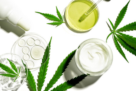 CBD oil in dropper, THC tincture in laboratory cups, cosmetic cream and serum and hemp cannabis leaves isolated on white background. Organic skin care concept.の写真素材