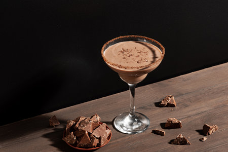 Chocolate martini cocktail drink. Brandy Alexander Cocktail on black wooden background, copy space....