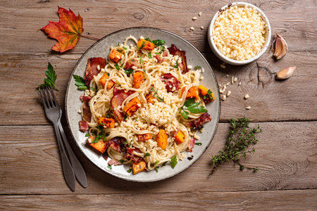 Pumpkin and Bacon Pasta with gratified parmesan cheese. Homemade spaghetti pumpkin pasta served on wooden background, top view. Seasonal autumn food. Pumpkin Carbonara.の写真素材